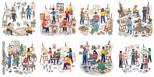 Diverse Artists and Students Engaged in Painting, Drawing, and Sculpting Activities in a Creative Art Studio Environment.