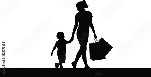 A parent and small child gracefully walk hand in hand while carrying multiple shopping purchases