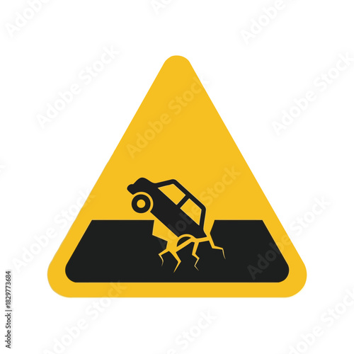 Road collapse warning sign   car falling into pothole hazard Vector