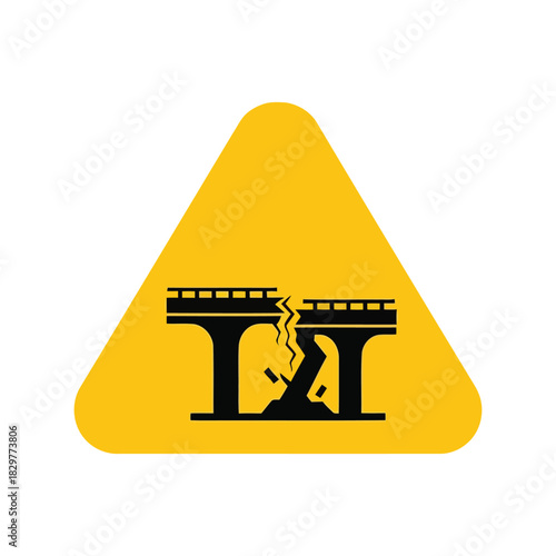Broken bridge warning sign: infrastructure collapse hazard icon Vector