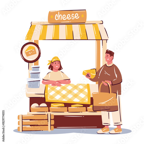Cheese market stand with seller and customer choosing cheese wedges, assorted dairy products and rustic counter details in cartoon doodle style, vector illustration.