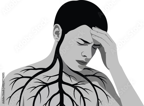 A person with roots extending from their neck and chest experiences a visible headache or migraine