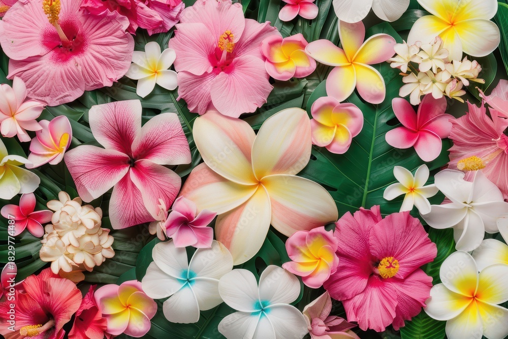 Fototapeta premium Colorful Array of Tropical Flowers with Green Leaves Background
