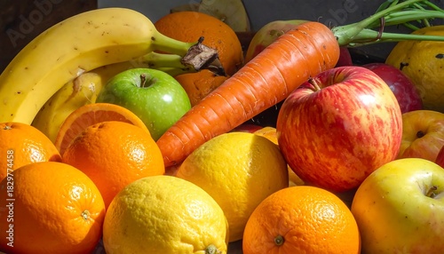 Fototapeta Naklejka Na Ścianę i Meble -  A vibrant still-life of various fruits and a carrot, showcasing a diverse assortment of fresh produce