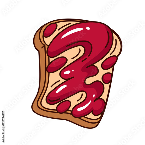 Jam toast in groovy cartoon style with bright jam smear and bold outline details, cute toast slice with glossy berry spread and clear shape accents, vector illustration.