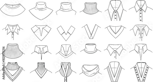 Collar and neckline design set, fashion construction details, garment style variations, black white vector graphic, cad drawing flat vector illustration