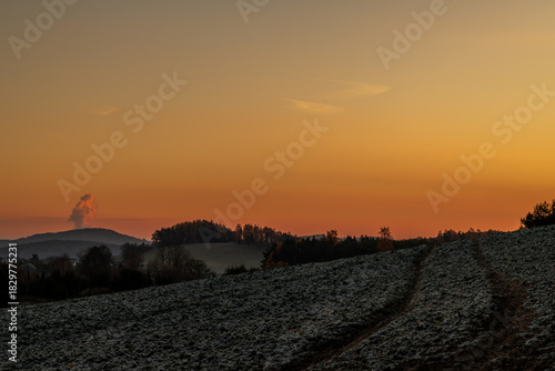 Frosty sunrise view in autumn morning near Vlachovo Brezi CZ
