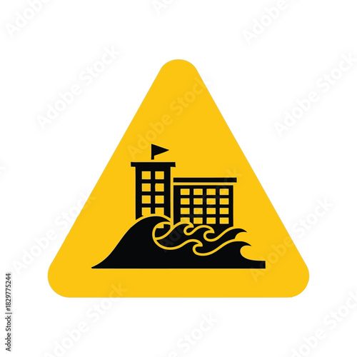 Tsunami flood warning sign: building danger icon Vector