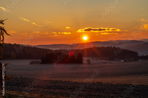 Frosty sunrise view in autumn morning near Vlachovo Brezi CZ