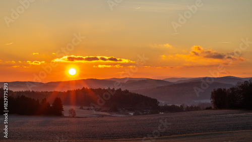 Frosty sunrise view in autumn morning near Vlachovo Brezi CZ