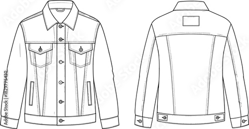 Denim jacket technical sketch, front and back view, fashion garment details, black white vector set, cad drawing flat vector illustration