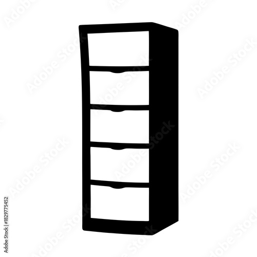 Black and white silhouette illustration of five drawer plastic storage container