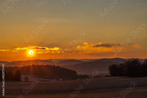 Frosty sunrise view in autumn morning near Vlachovo Brezi CZ