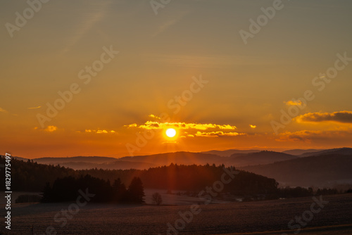 Frosty sunrise view in autumn morning near Vlachovo Brezi CZ