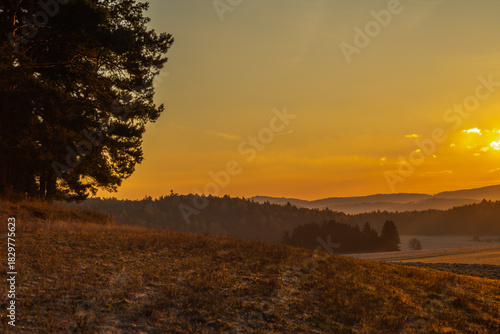 Frosty sunrise view in autumn morning near Vlachovo Brezi CZ
