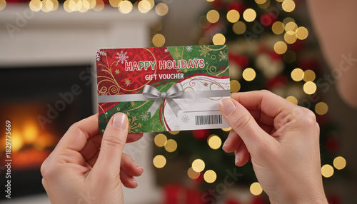 Captivating a vibrant scene of the holiday cheer. The central focus is the gift voucher held by hands, against a blurred festive Christmas tree background.