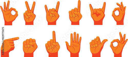 Hand gesture silhouette collection, symbolic finger signs chart, expressive icon set, black white vector graphic, cad drawing flat vector illustration