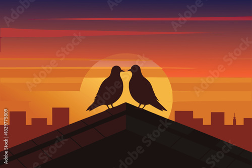 Romantic Birds Silhouette at Sunset