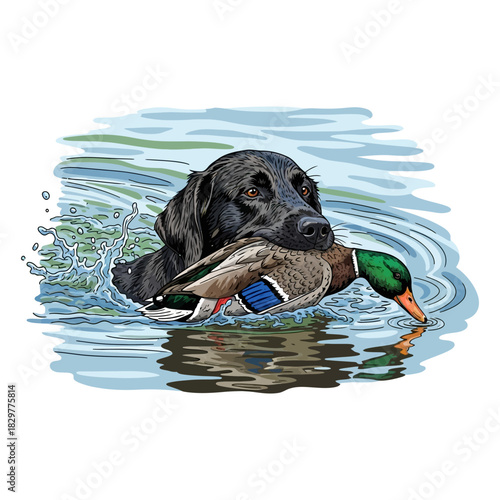 Black Labrador swimming in water with a mallard duck in its mouth making a retrieve