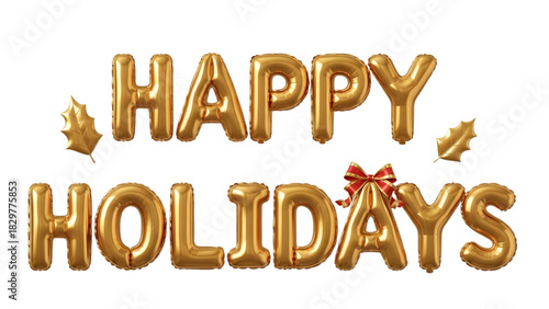 Golden happy holidays balloon letters with festive tree decorations on black