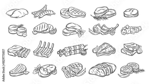 Meat products line icons set. Outline hand drawn sketches of premium steak and filet mignon, ribeye, tbone and kebab skewer, ribs. Butchers shop menu mascot, meat collection icon vector illustration
