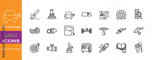 Set of icons for Car Damage Editable stroke. Vector illustration	