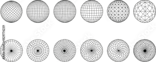 Wireframe sphere mesh collection, geometric grid variations, 3D modeling icons, black white vector set, cad drawing flat vector illustration