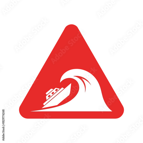 Tsunami warning sign with boat on rough sea vector icon Vector