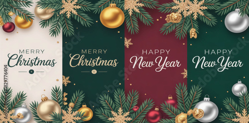A set of four elegant, vertical holiday card templates for 'Merry Christmas' and 'Happy New Year'. Each panel features a distinct, rich background color: cream, deep forest green, cranberry red