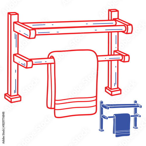 Bathroom Towel Rack Illustration with Clean Towels Hanging on Wooden Frame Minimalist Design