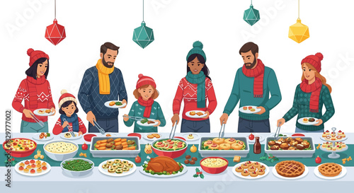Festive holiday buffet with family celebration, showcasing an abundant display of traditional