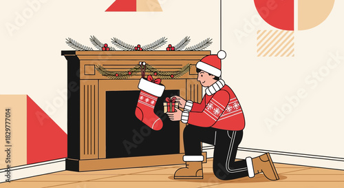 Festive holiday cheer a person decorating a fireplace with stocking and gifts scene