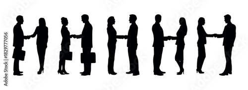 Business People Handshake Silhouettes - Professional Agreement, Partnership, and Corporate Deal Icons