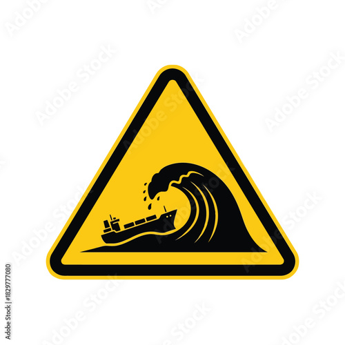 Tsunami warning sign: ship with giant wave hazard icon vector Vector