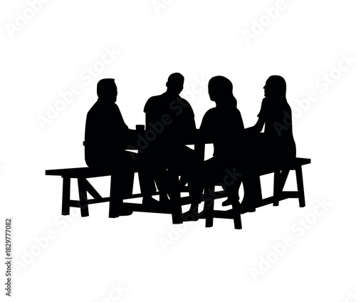 Family and Friends Gathering Silhouette - People Sitting at Picnic Table in a Social Scene