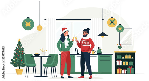Festive holiday cheers between a couple celebrating together in a decorated kitchen scene
