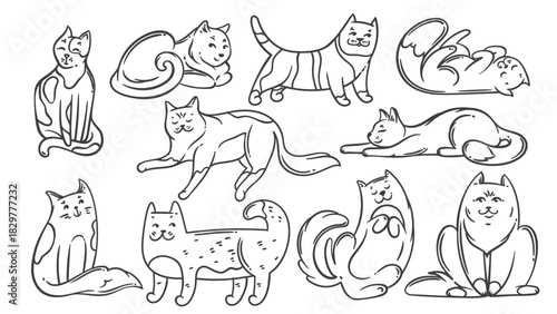 Cartoon doodle cats outlines set in playful, funny, cute, and relaxed poses sitting, sleeping, stretching, and laying. Vector illustration of linear cats for coloring, stickers, or kids art projects.