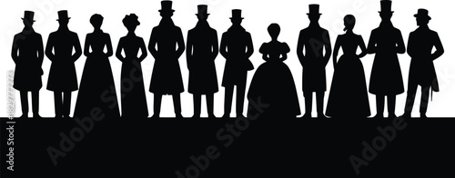 An elegant gathering of ten Victorian people in formal clothing presented as striking black silhouettes