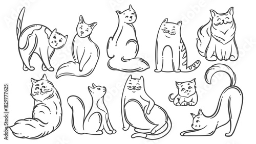 Cartoon doodle cats outlines set in cute, funny sitting, stretching, crouching, and playful poses. Vector illustration of outline cats for coloring, stickers, prints, or kids creative art projects.