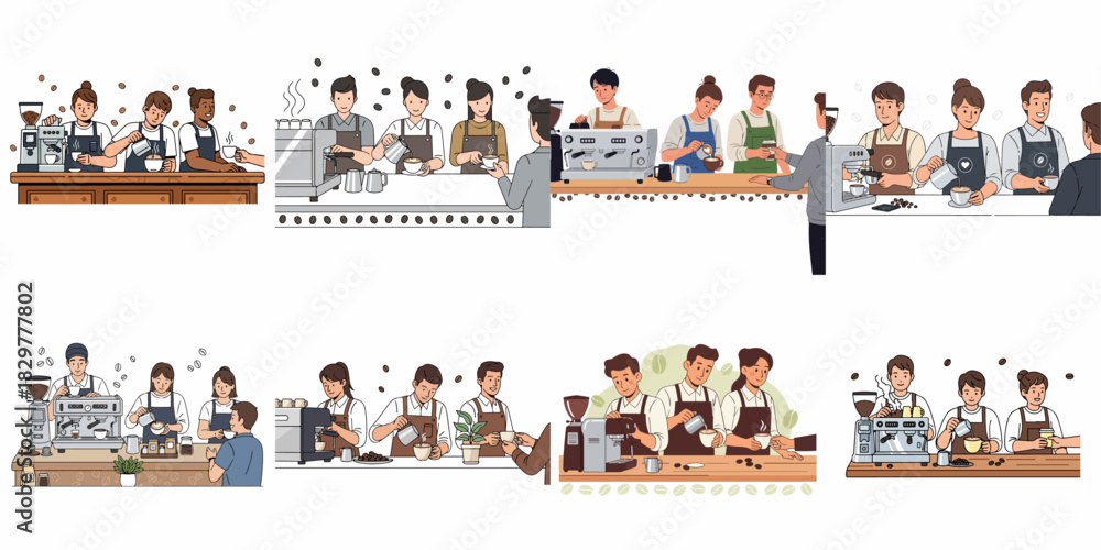 Obraz premium Baristas working set: Making espresso, pouring latte art, and serving customers in modern coffee shop illustrations on white background.