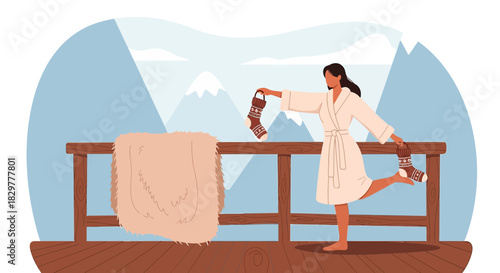 Festive morning joy woman with christmas stocking enjoying the mountain view