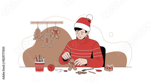 Festive preparation: a cozy winter scene with a young man crafting gingerbread figures in his home