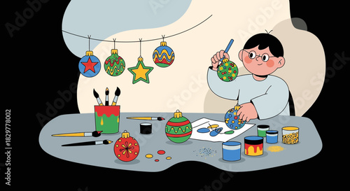 Festive preparations: A creative boy crafting unique ornaments for holiday decoration joyfully