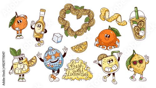 Lemonade groovy characters with citrus fruits, jars, bottles, mint, ice cubes, bold cartoon line style and fun energetic poses, playful drink elements, vector illustration