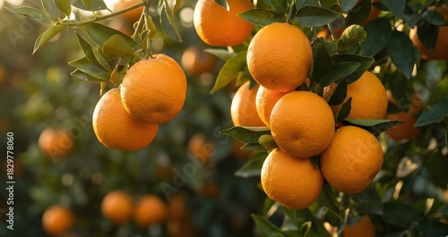 Ripe oranges hanging on a tree branch in golden sunlight