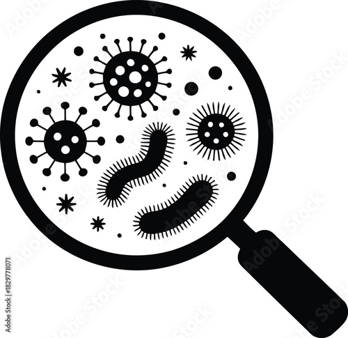 Black and white illustration of a magnifying glass focusing on various types of harmful microscopic organisms