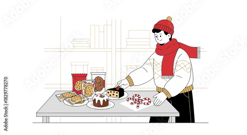 Festive treats displayed on table with a person, creating a warm and inviting seasonal illustration