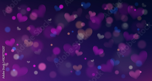 Romantic heart-shaped bokeh overlay with soft glowing lights in pink, purple and blue tones. Dreamy blurred background.
