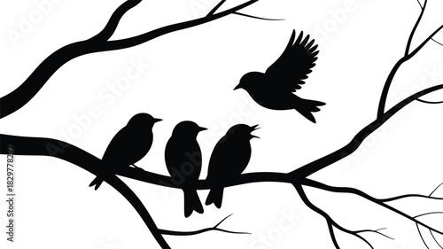Black silhouettes of four cheerful birds perched and flying around bare tree branches