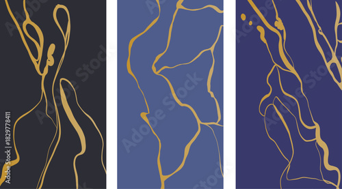 Gold luxury kintsugi crack poster. Japanese art of repairing broken pottery. Vector illustration vertical set of backdrop poster background with intertwine graceful veins. gold broken seams